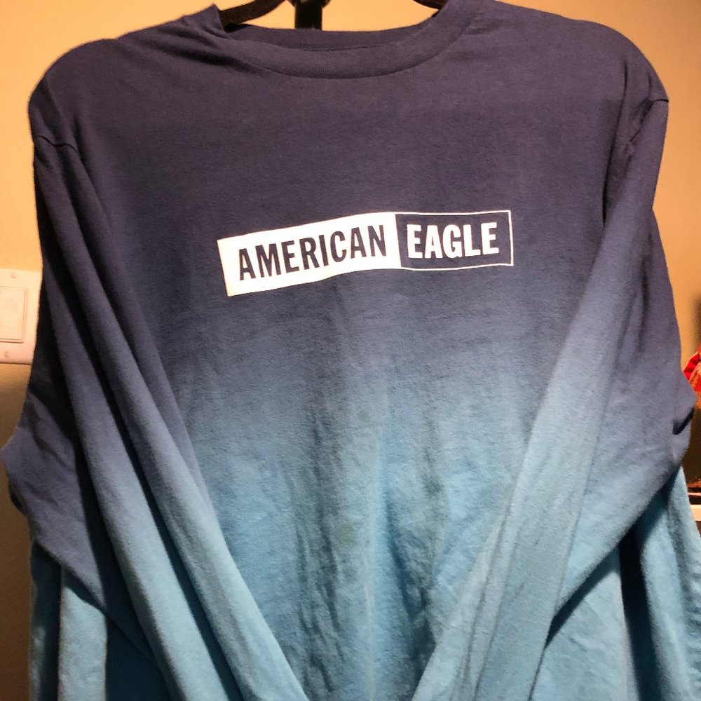 American Eagle Long Sleeve Blue Box Logo Shirt Size L